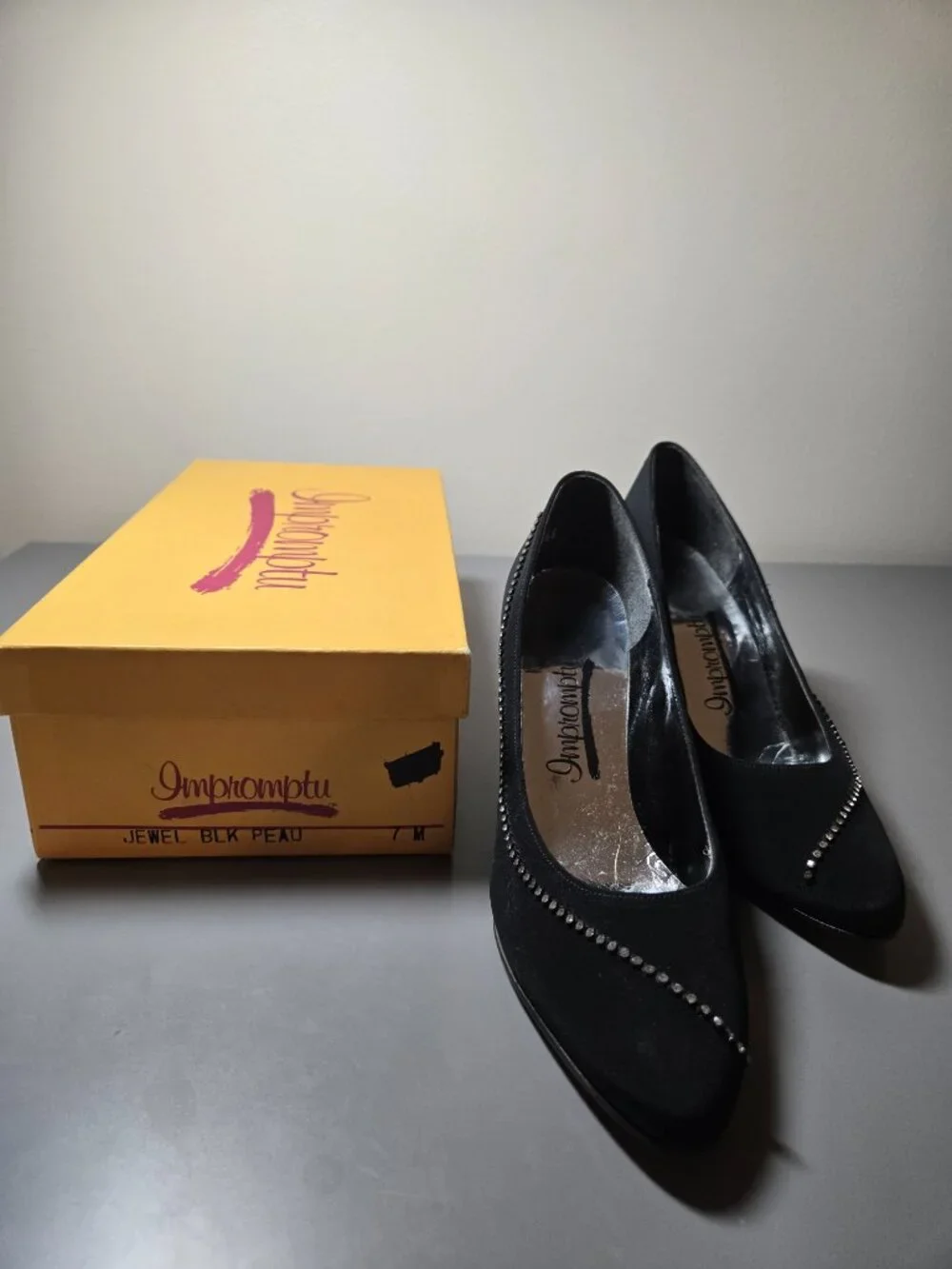 VINTAGE Impromptu Black Peau de Soie Satin Pumps with Rhinestone Detail, Classy